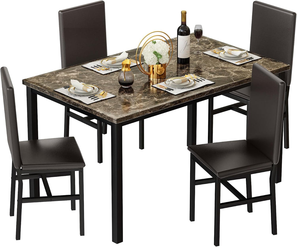 Lamerge Dining Table Set for 4, Faux Marble Table and 4 PU Leather Chairs, Ki...