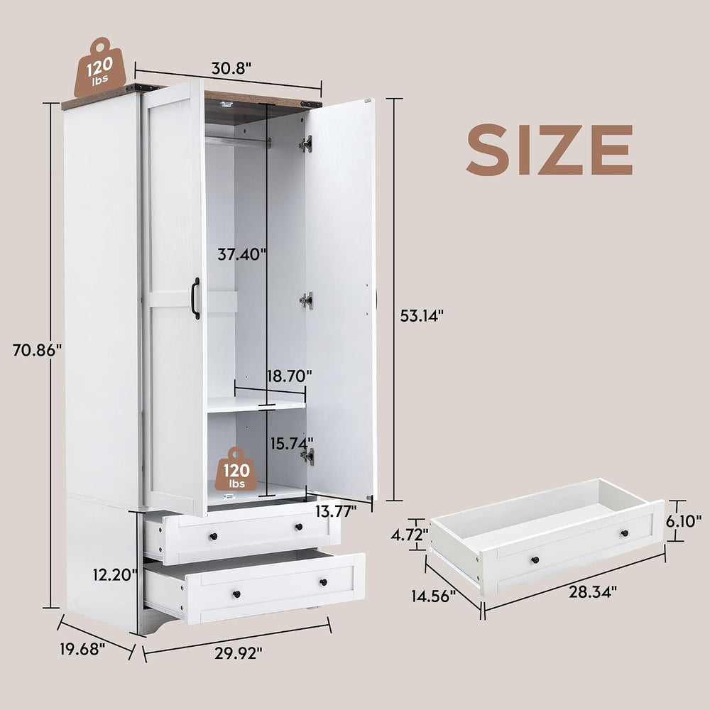 Brafab 2 Doors Wooden Armoire Wardrobe Closet with 2 Drawers, White | 2 Moder...