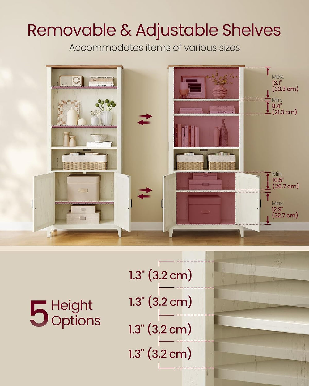VASAGLE Farmhouse Bookshelf, 6-Tier Bookcase with Doors