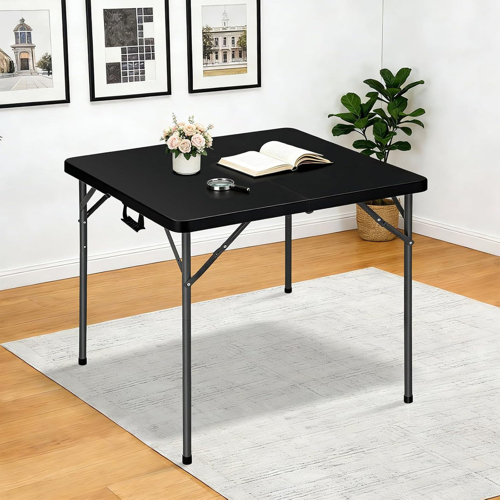34" Folding Card Table,Square Portable Heavy Duty Plastic Game Table,Black | Portable Desig,Save Space,HDPE Top,Carrying Handle,Removable Legs,Indoor Outdoor Use for Study,Homework,Picnic,Camping, Party