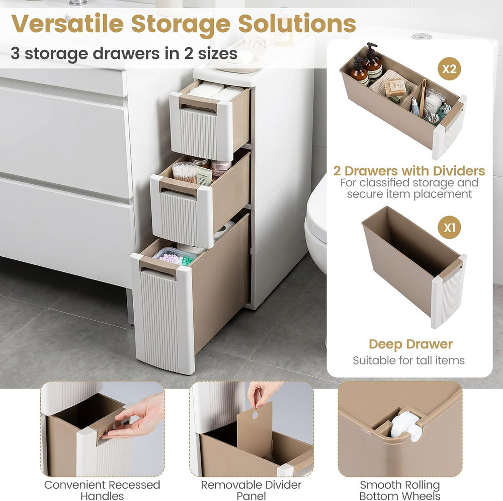 Giantex 3-Tier Narrow Storage Cabinet, Slim Rolling Cart with 3 Drawers &...