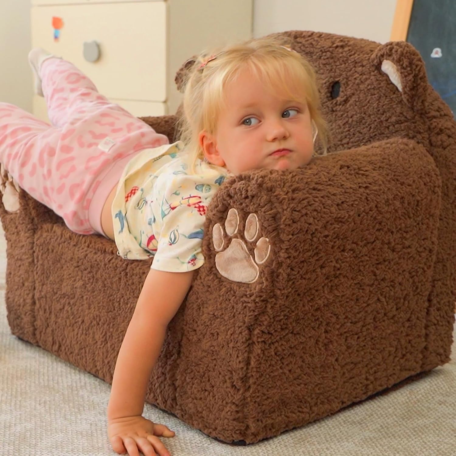 Sherpa Kids Armchair, Kids Sofa, Toddler Animal Brown Bear Reading Chair | Machine washable removable cover, lightweight foam lounge chair for toddlers ages 1–6, no assembly required