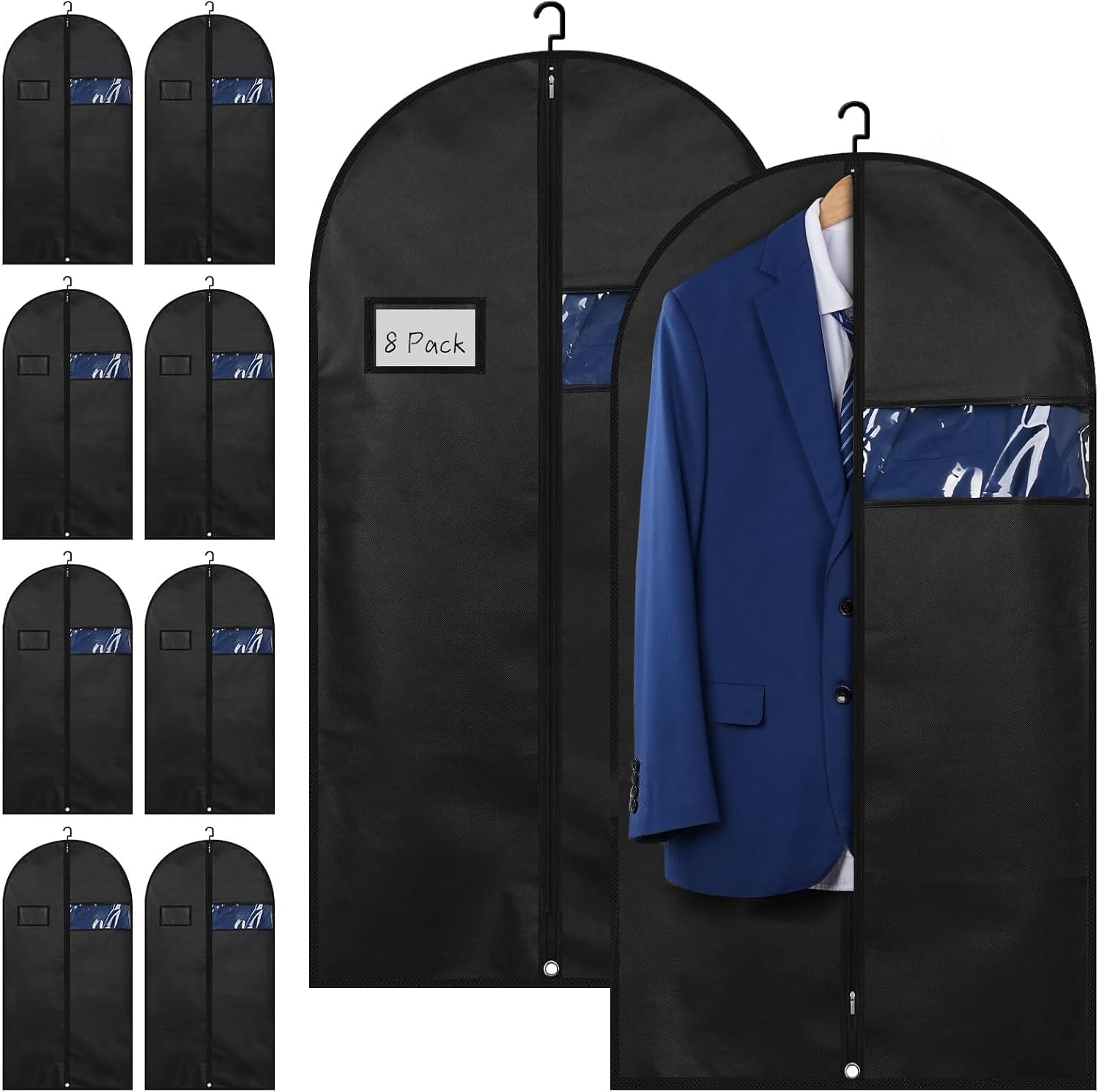 Premium Suit Bags 8 Pack, 43” x 24” Garment Bags for Hanging Clothes | Garment Bags for Travel with Clear Window, Sweater, Coat & Suit Storage