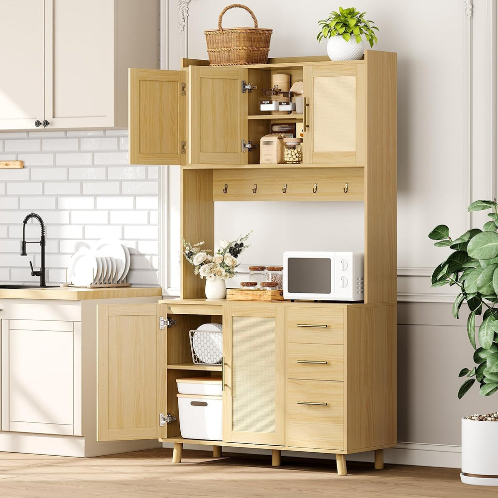71" Tall Farmhouse Pantry Cabinet with Rattan Doors & Drawers, Frees...