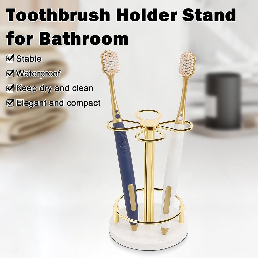 HarJue Toothbrush Holder Stand for Bathroom, Metal Toothbrush Organizer with Marble Base, Toothbrush Storage Collection for Family, Suitable for Home Hotel Countertop Vanity (Small, Gold)