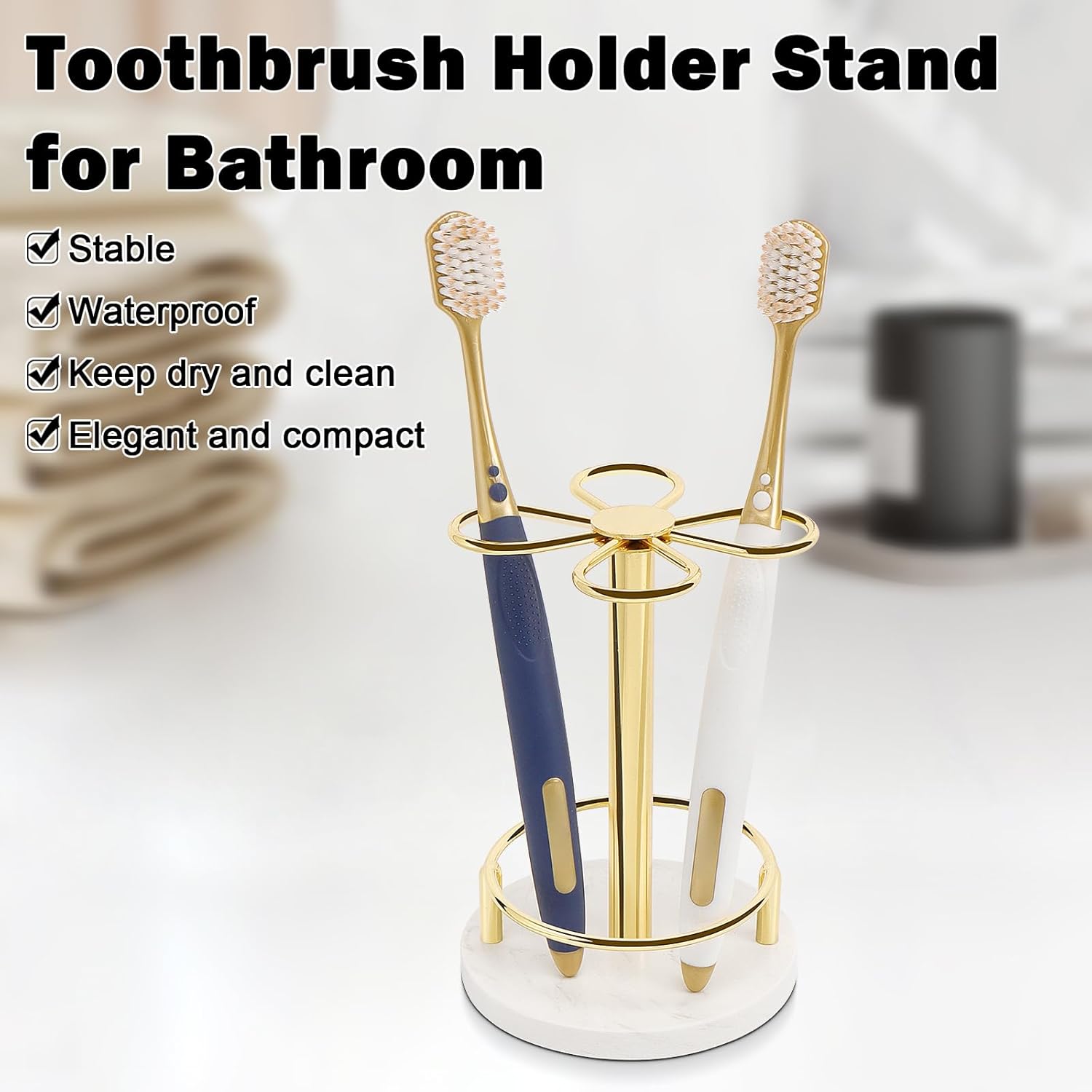 HarJue Toothbrush Holder Stand for Bathroom, Metal Toothbrush Organizer with Marble Base, Toothbrush Storage Collection for Family, Suitable for Home Hotel Countertop Vanity (Small, Gold)