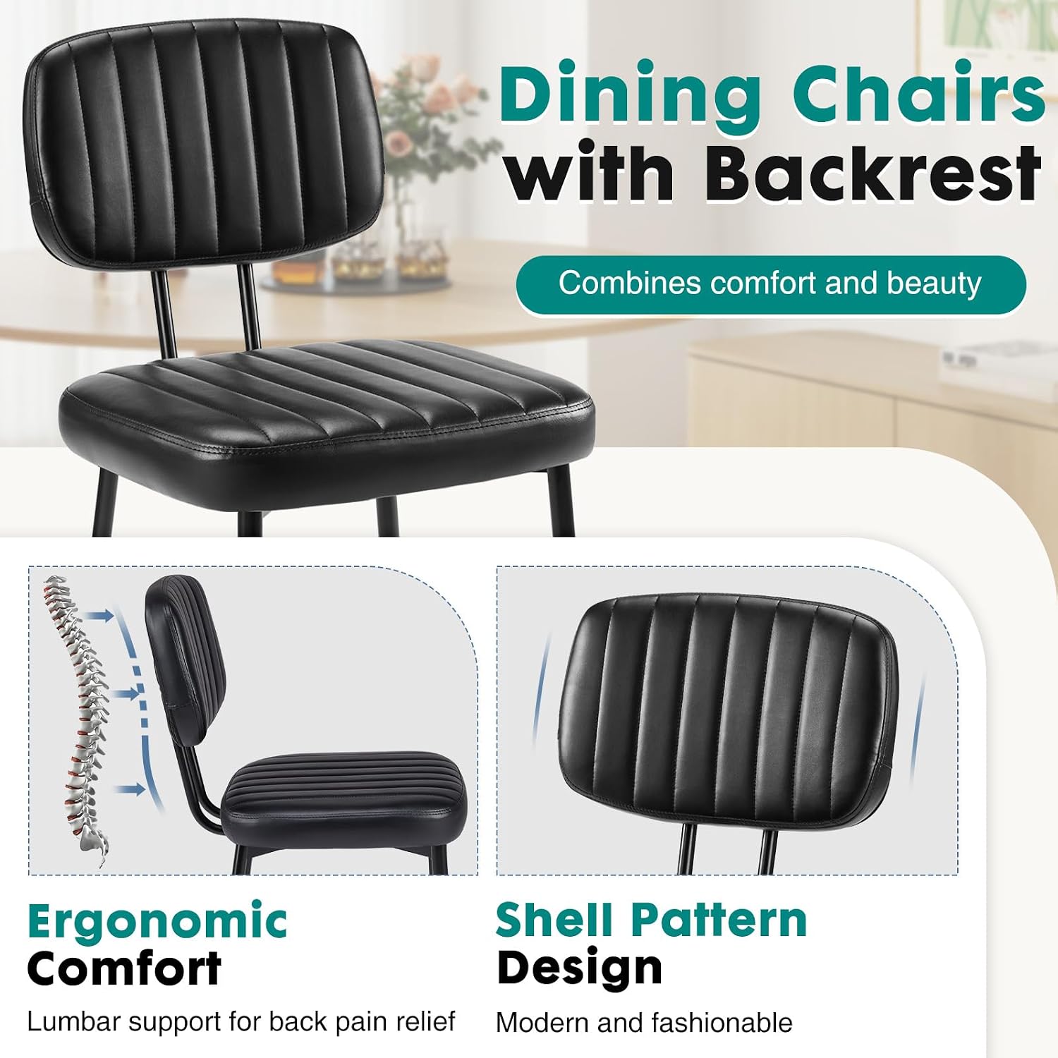 OLIXIS Dining Chairs Set of 2, Mid Century Modern Kitchen Chairs, Black | Faux Leather Cushion Seat, Metal Legs Backrest, Living Room Home Office Bedroom