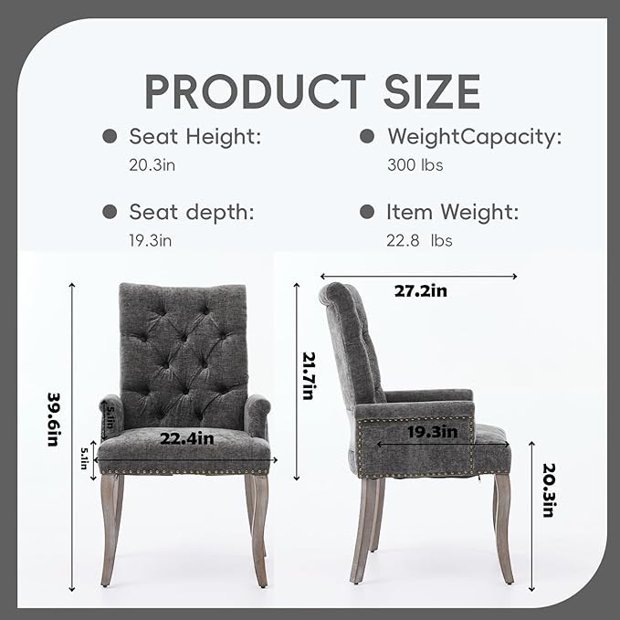 Upholstered Tufted Chenille Dining Chairs with Arms & Nailhead Trim – Sol...