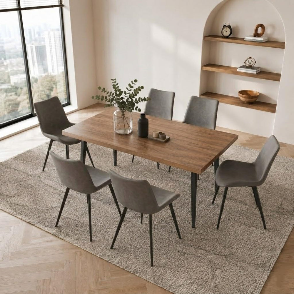 ZckyCine 70.8" Walnut Dining Table with 6 PU Leather Chairs, 7-Piece Mod...