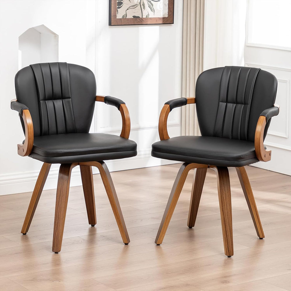 Swivel Dining Chairs Set of 4 Mid Century Modern Black Faux Leather Upholster...