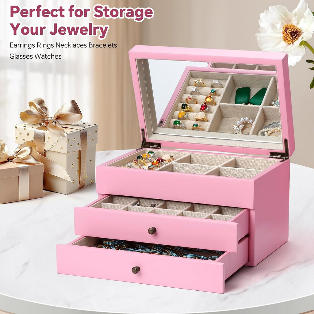 Meangood Jewelry Box Organizer for Women, 3 Layer Large Jewelry Storage Case, Rustic Wooden Jewelry Box with Mirror & Ring Tray for Necklace Earring Bracelets Rings, Vintage Style (Pink)