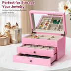 Meangood Jewelry Box Organizer for Women, 3 Layer Large Jewelry Storage Case, Rustic Wooden Jewelry Box with Mirror & Ring Tray for Necklace Earring Bracelets Rings, Vintage Style (Pink)