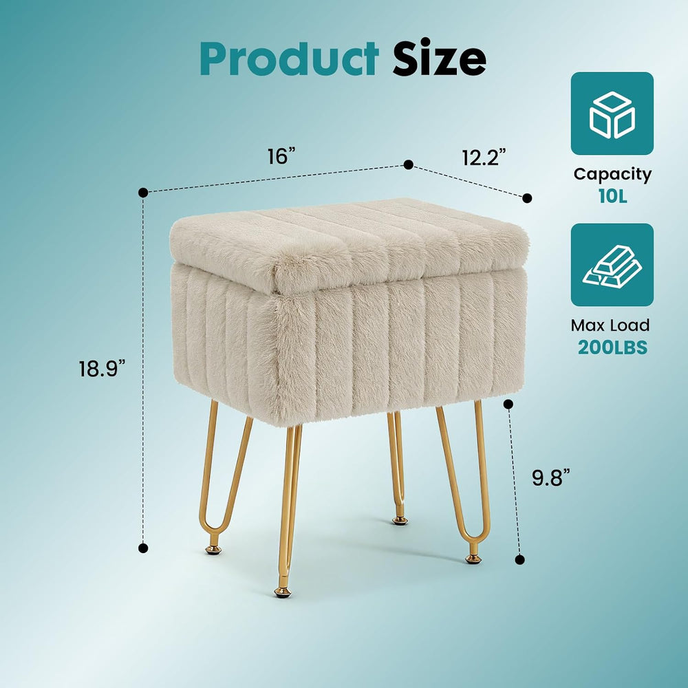 OLIXIS Vanity Stool Chair Faux Fur with Storage, Soft Ottoman 4 Metal Legs wi...