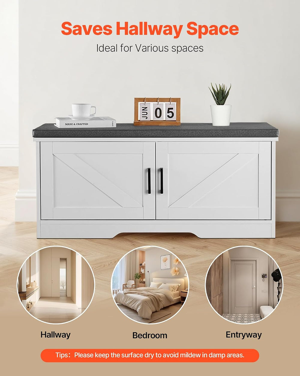 VEVOR Shoe Storage Bench with Padded Cushion & 2 Barn Doors, Entryway Ben...