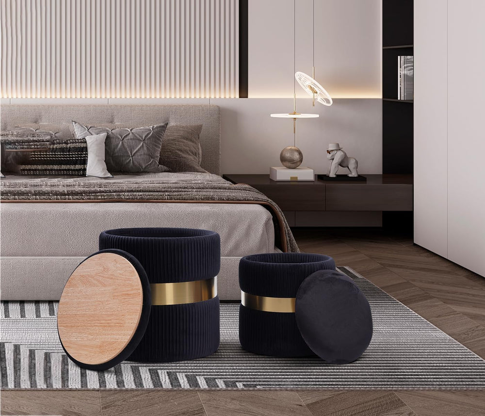 Round Velvet Storage Ottoman with Removable Lid Set of 2, Upholstered Footres...