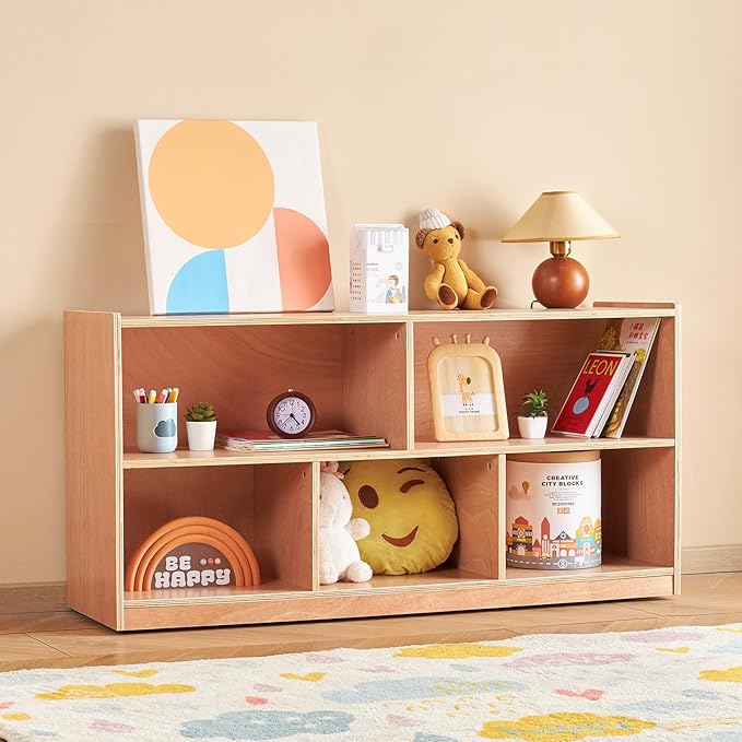 VEVOR Cubby Toy Organizer Storage Cabinet, 5-Compartment Cubby Storage Shelf, 48''W Kids Toy Storage Cabinet 2-Shelf, Classroom Cubbies, Classroom Furniture for Home, Daycare and Preschool, Natural