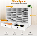 Adjustable Literature Organizer, 32 Compartments Mail Sorter Organizer with 2 Drawers, PVC Desktop File Sorter, Classroom Mailbox Office Mailbox Cubbies for Office, Home, Study Room White