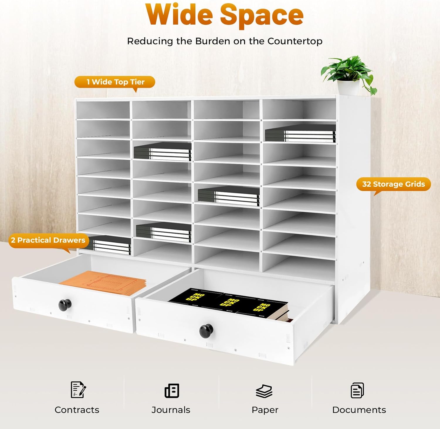 Adjustable Literature Organizer, 32 Compartments Mail Sorter Organizer with 2 Drawers, PVC Desktop File Sorter, Classroom Mailbox Office Mailbox Cubbies for Office, Home, Study Room White