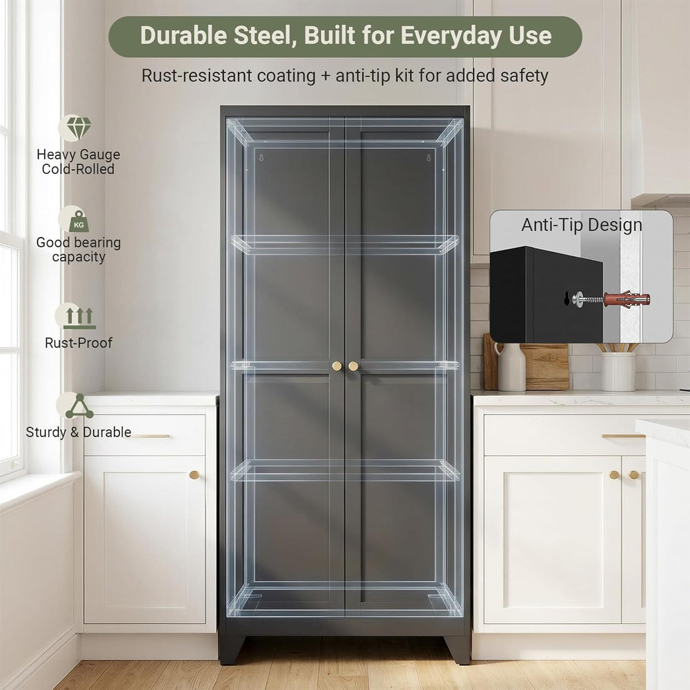 75" Metal Kitchen Storage Cabinet with Doors, Freestanding Steel Pantry ...