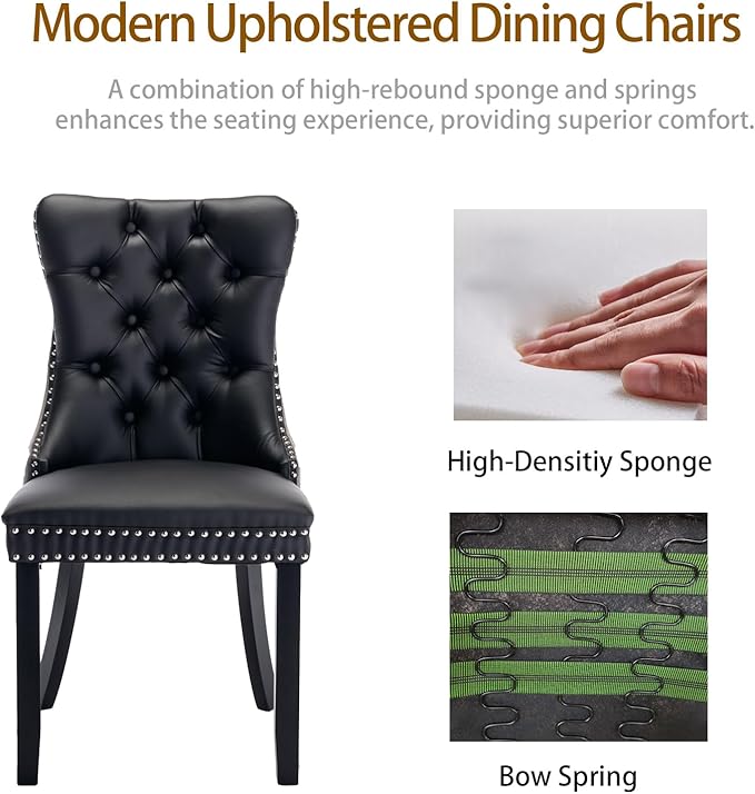 Dining Chairs Set of 2, Upholstered Tufted Dining Room Chairs with High Back, Nailhead Trim and Solid Wood Legs, Modern Dining Chairs for Dining Room, Black Pu Leather Splicing Grey Velvet