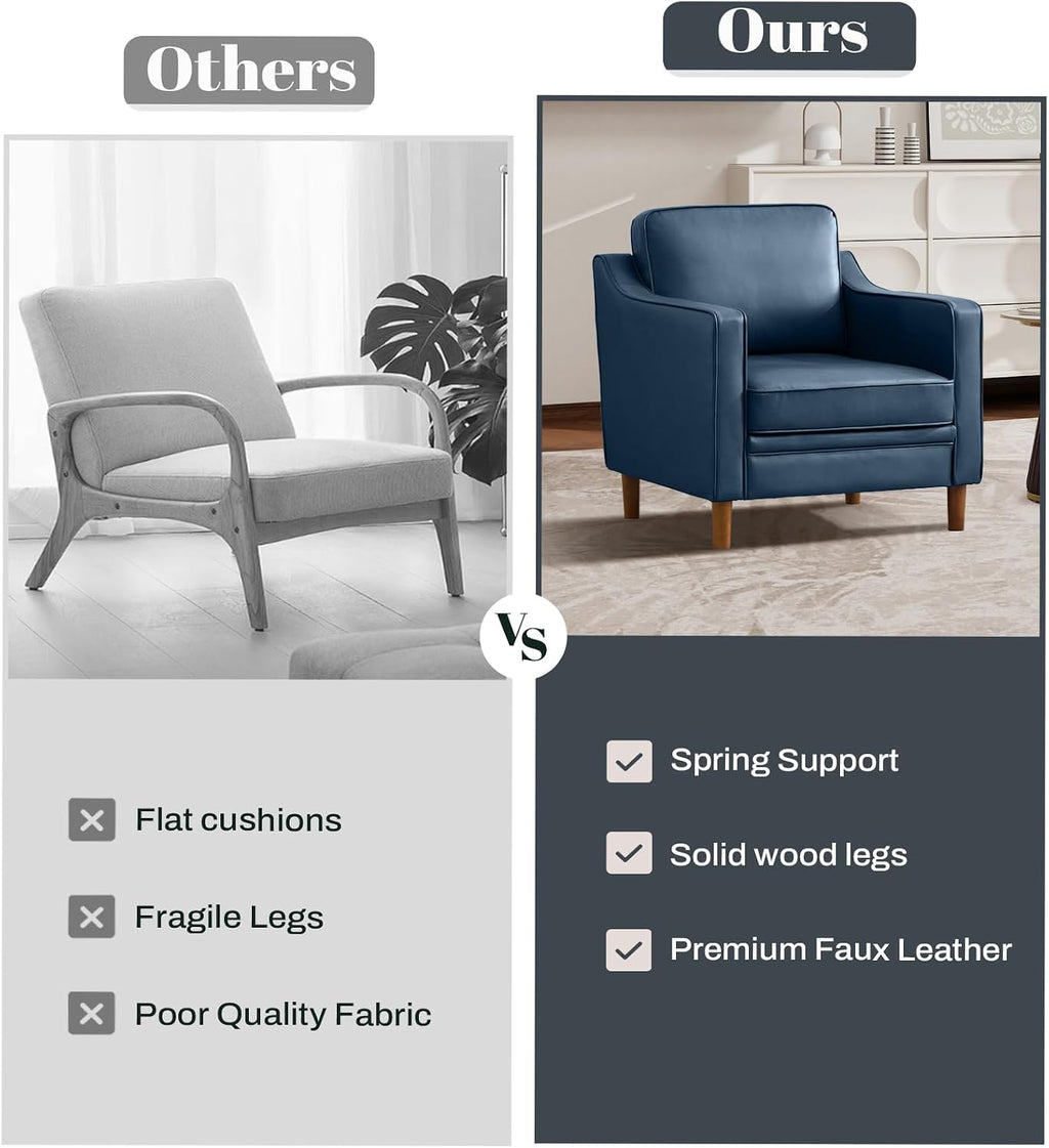 Kingfun Accent Chair Set of 2, Living Room Chairs, Faux Leather Reading Armchair, Mid Century with Solid Wood Foot, Upholstered Modern Decor for Bedroom, Apartment