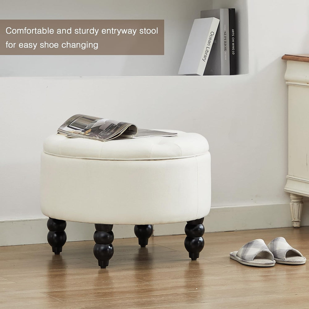 24 Inch Fabric Round Ottoman with Storage, Modern Upholstered Button Tufted O...