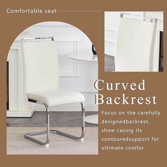 Modern Fabric Dining Chairs Set of 8,Armless Kitchen Chairs,Dining Room Chairs with Upholstered Padded Seat and Sturdy Silver Chrome Legs for Dining Room,Kitchen (White-Fabric, Set of 8)