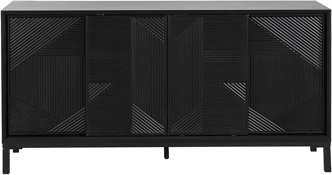 Merax Modern Geometric Accent Cabinet, Vertical Striped Design Sideboard Buffet with Two Drawers, Sliding Doors, Wood Veneer Top, Minimalist Storage Cabinet for Study, Entryway and Living Room, Black
