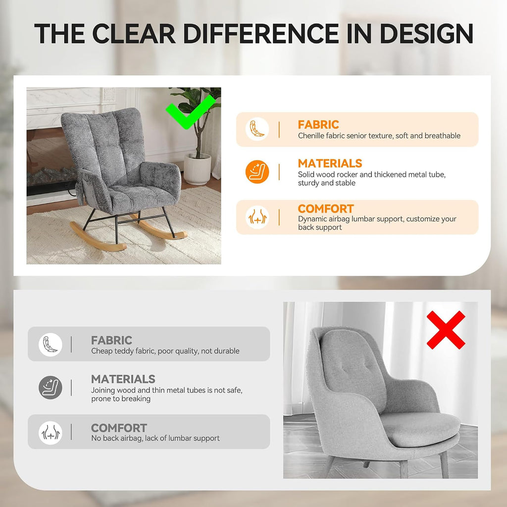 Rocking Chair with Airbag, Comfy Modern Reading & Nursing Nursery Rocking Chair Indoor, Cozy Upholstered Glider Rocker Chairs for Living Room Bedroom Offices, (Chenille, Dark Grey)