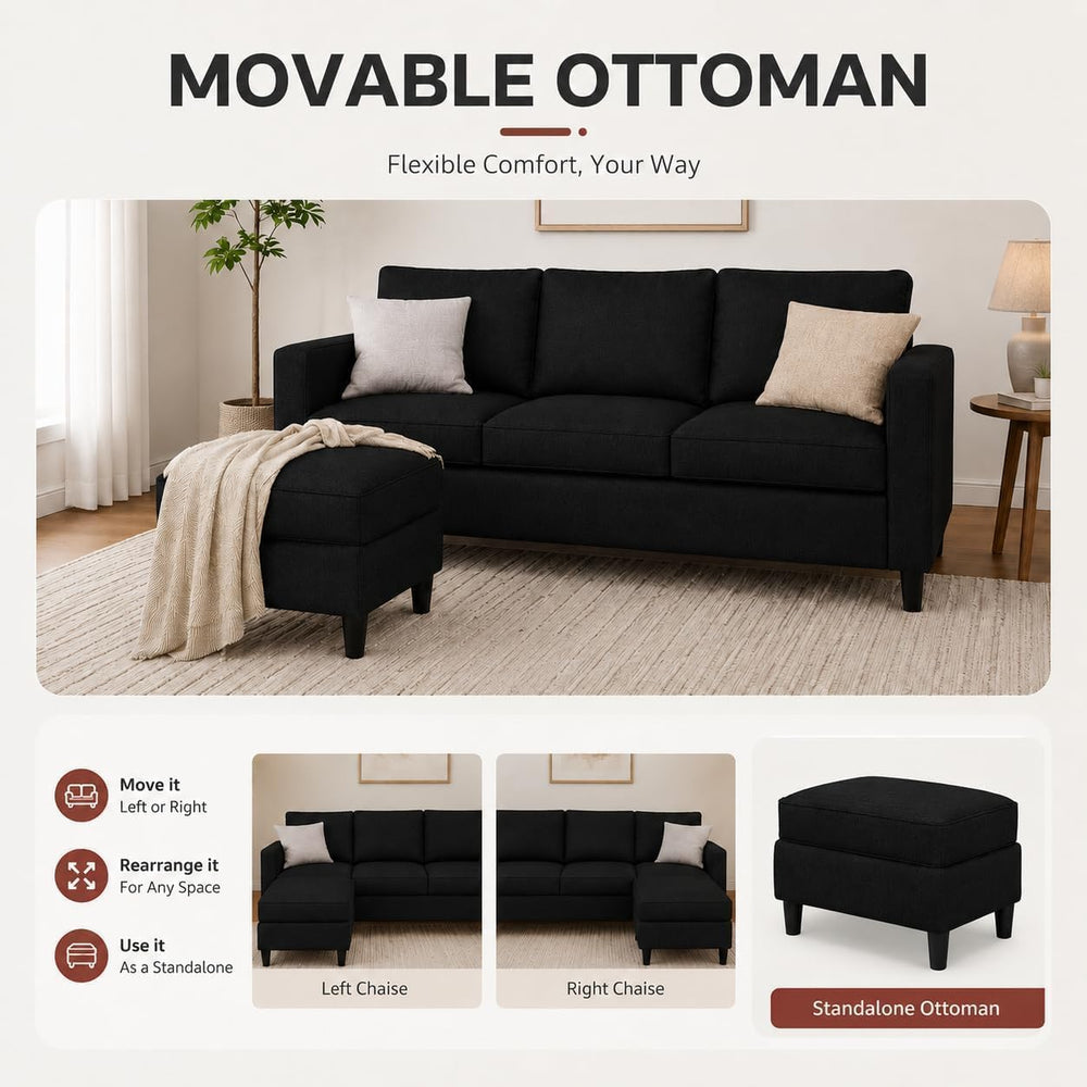 Nuturelly 73.6" L-Shaped Small Sectional Sofa with Ottoman, Black | Tool...