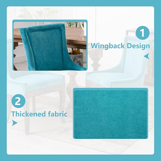 Modern Dining Chairs Set of 2, High Back Dining Chairs Side Chairs with Solid Wood Legs, Upholstered Fabric Dining Room Chairs for Dining Room Kitchen, Lake Blue