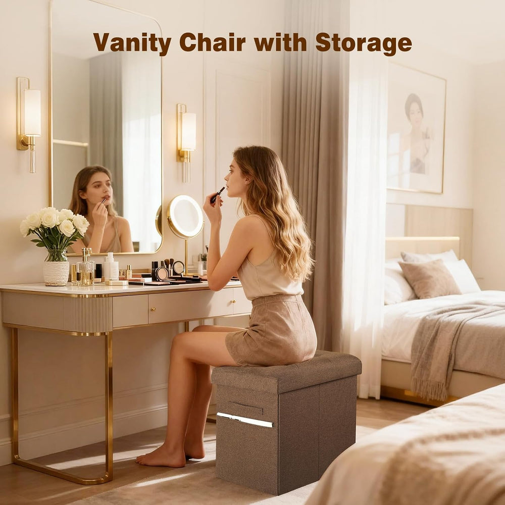 Storage Ottoman Cube, 17" High Folding Linen Foot Rest for Bedroom, Brow...