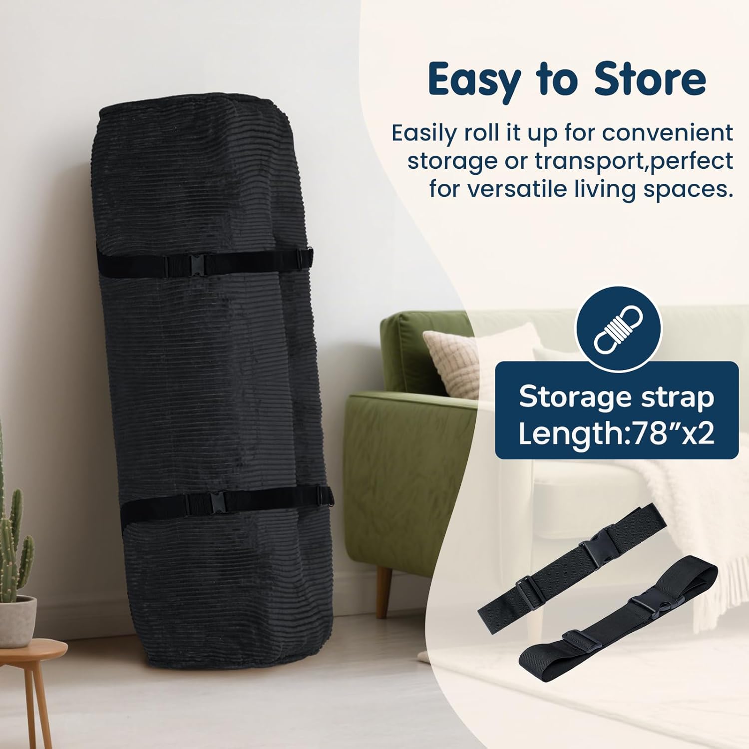 8 Inch Futon Mattress Full Size, Futon Floor Sofa Bed Foldable with Soft Corduroy Fabric - High Resilience Foam Filling - 2 Storage Straps for Home, Guest Room, Dorm, Black (Frame Not Included)