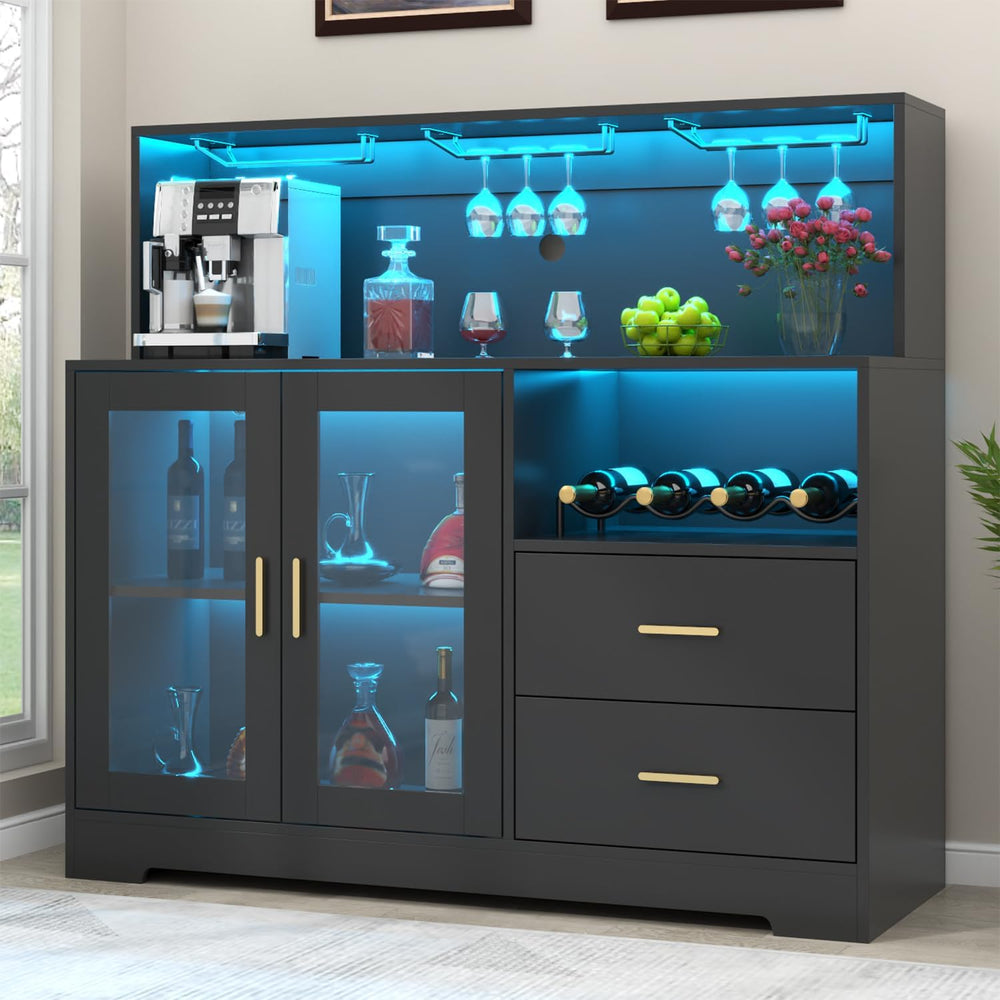 Bar Cabinet for Home with LED Light,Coffee Bar Cabinet w/ Wine & Glass Ra...