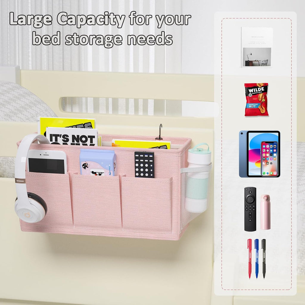 Dual-purpose Bedside Caddy Bedside Organizer, Bed Caddy with 6 Pockets, Versatile Bedside Storage Solution Magazine Remotes holder, ideal for Home, Dorm, Hospital, Crib Bed (Pink 2pcs)