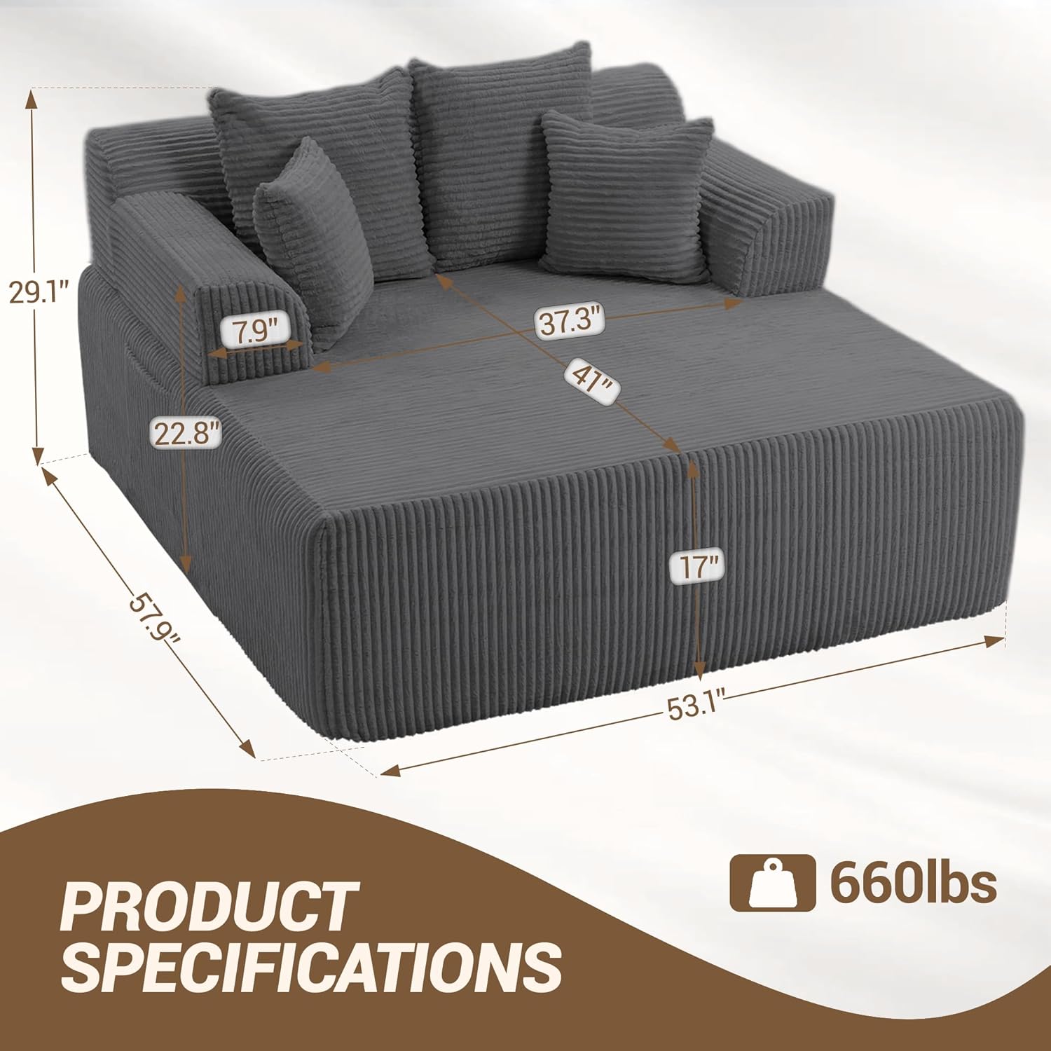 58" Oversized Boneless Chair, Corduroy Lounge Chaise Chair Indoor Sleeper Sofa Bed with Arms and 4 Pillows, No Assembly for Bedroom Living Room, Grey