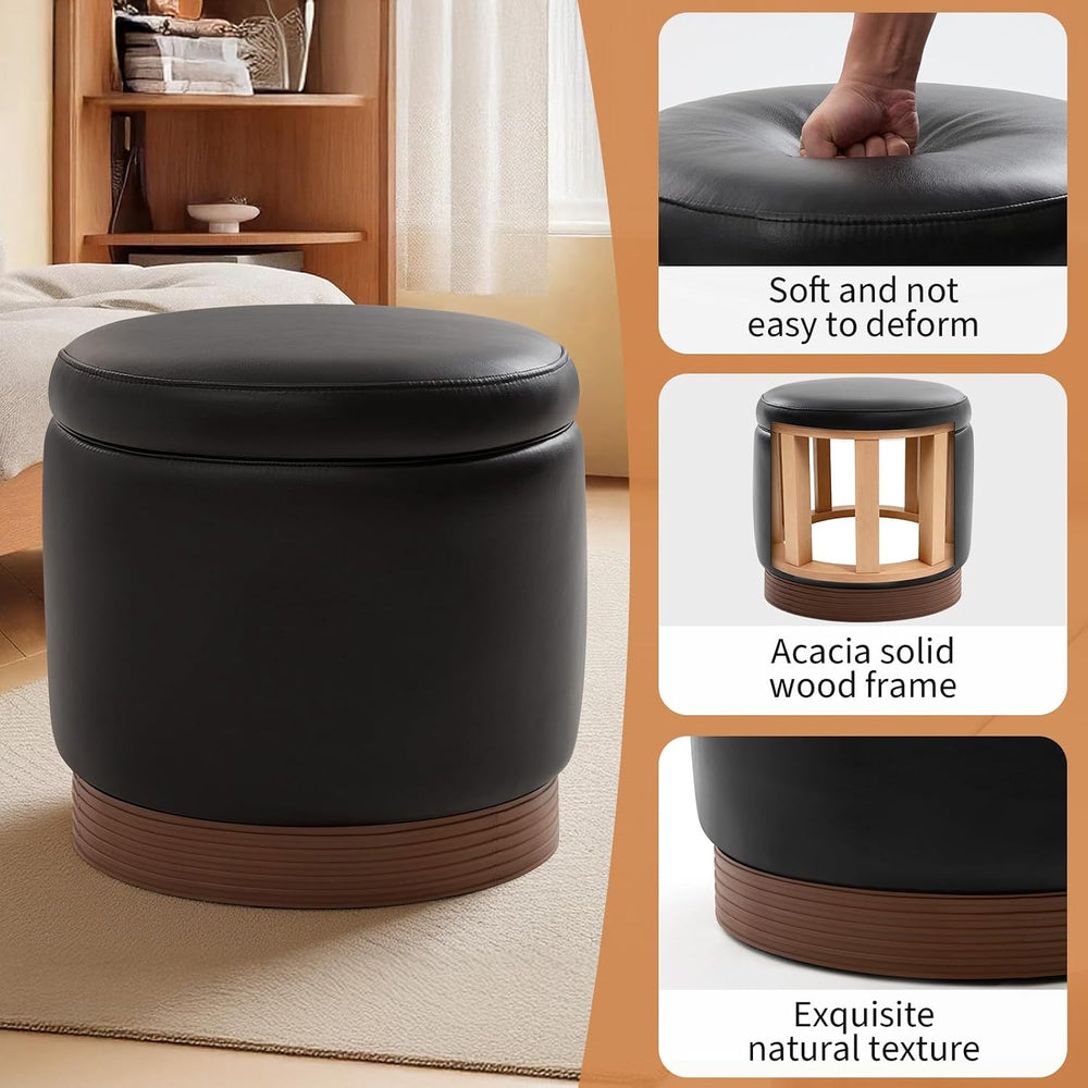 19" Round Swivel Storage Ottoman with Tray Top, Upholstered Faux Leather...