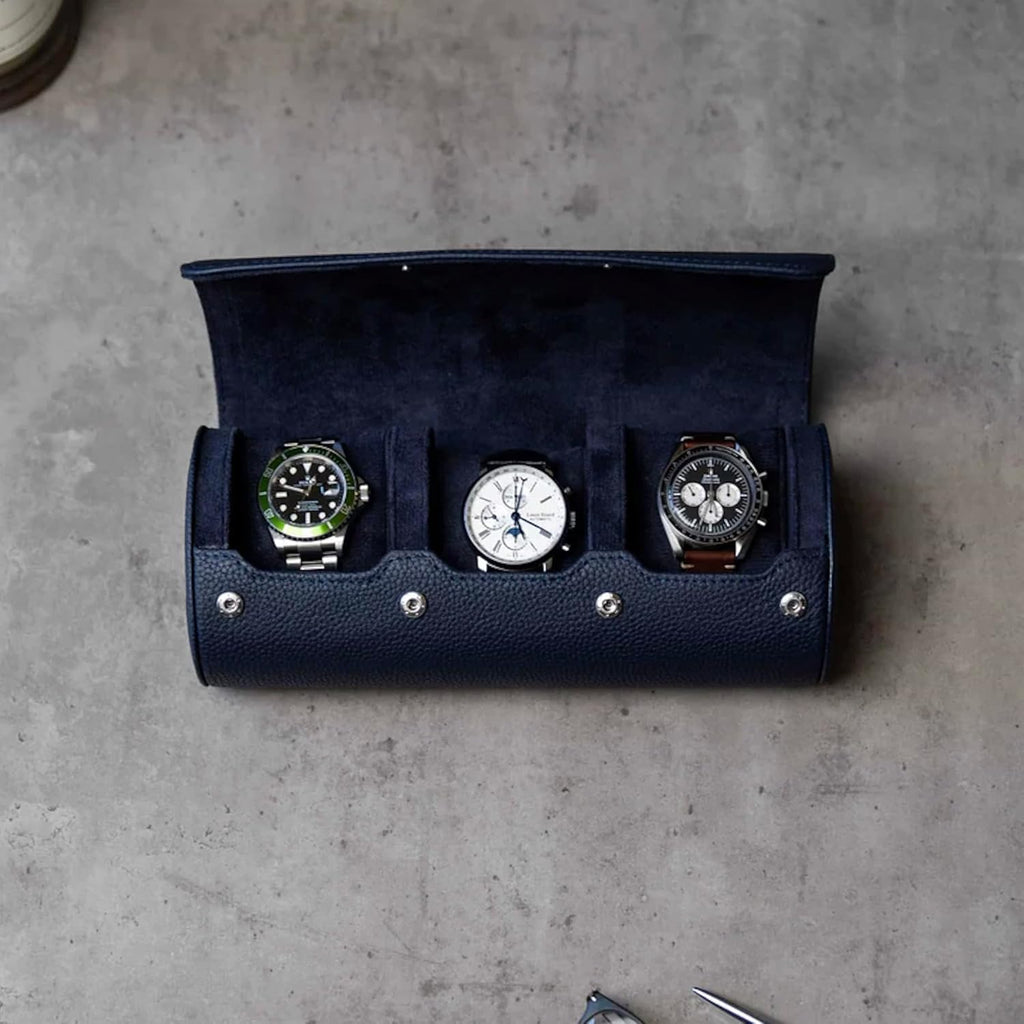 DailyWatch | Watch Roll Travel Case For 3 Watch | Luxury Watch Case In Genuine Leather With Soft Velvet Interior | Watch Case Protect, Store, & Display Your Watches | Navy Blue
