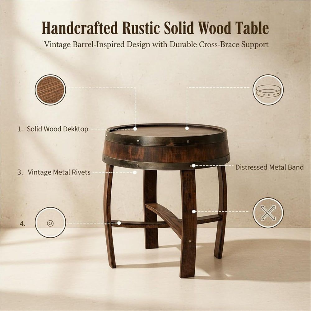 Rustic Round End Table, Whiskey Barrel End Table, Handcrafted Solid Farmhouse...
