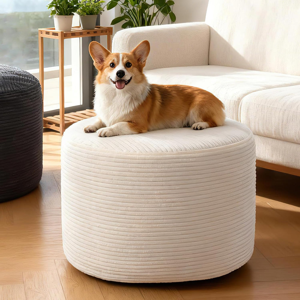 Round Corduroy Footstool Pouf for Couch | Soft plush shredded foam filled has...