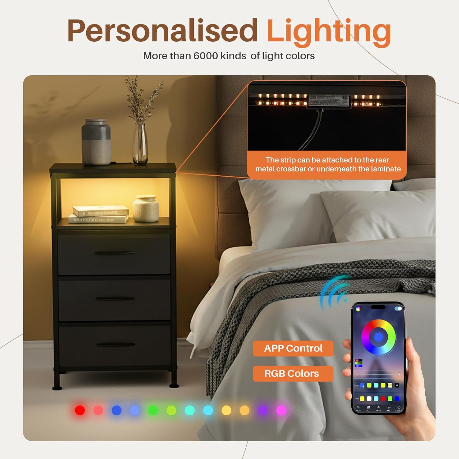 Sweetcrispy Nightstand with Charging Station 3 Fabric Drawers Bedside Table | Night Stand with USB Type-C Ports, AC Outlets & Dimmable LED Light Strip, Modern Black Bedroom End Table