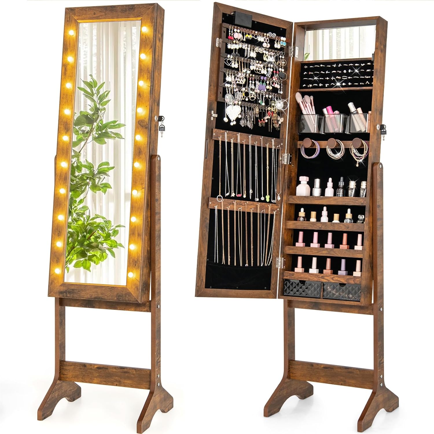 Giantex Standing Jewelry Armoire with Lighted Full Length Mirror, Lockable Jewelry Cabinet Organizer with 20 LED Lights, Adjustable Tilt, Large Storage for Earrings, Rings, Necklaces, Rustic Brown