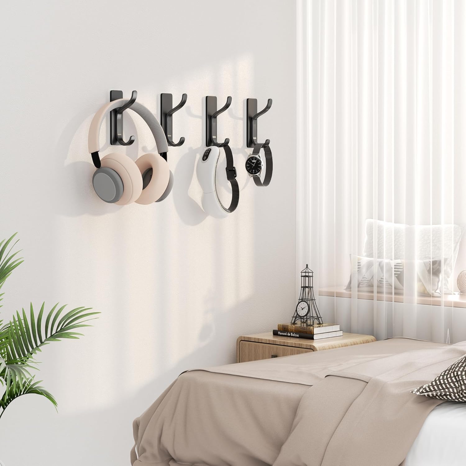 pickpiff Adhesive Wall Coat Hooks - Heavy Duty Stick-On Door Hanger, Black Metal Hook for Hanging Towel,Purse, Robe, Backpack, Jacket, Clothes - for Bathroom,Dorm, Closet, Kitchen - 4 Pack