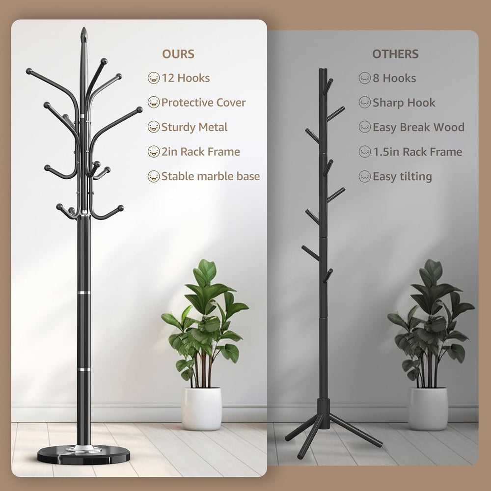Heavy Duty Coat Rack with Marble Base, 12 Hooks, Adjustable Heights