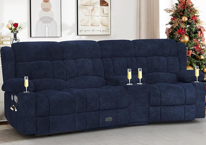 Recliner Sofa with Storage Console, Flip Middle Backrest Design 3-Seater Reclining Sofa with Storage Drawer, USB Ports & Cup Holders, Manual Couch for Living Room (Blue, 3 Seater + Console)