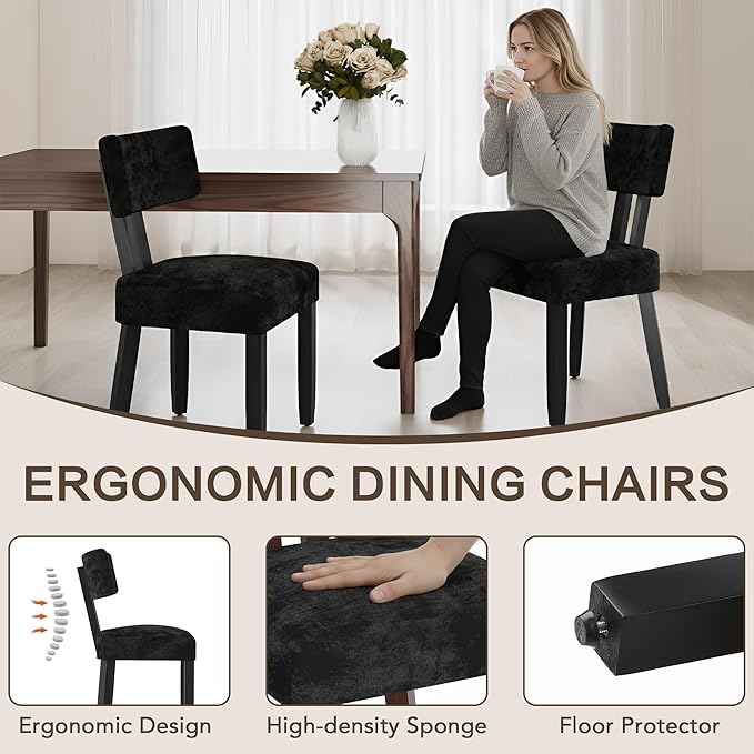 GOTMINSI Mid Century Modern Dining Chairs,Velvet Farmhouse Upholstered Kitchen Chairs, Accent Curved Backrest Dining Room Chairs with Hardwood Legs (Black, 4PCS)