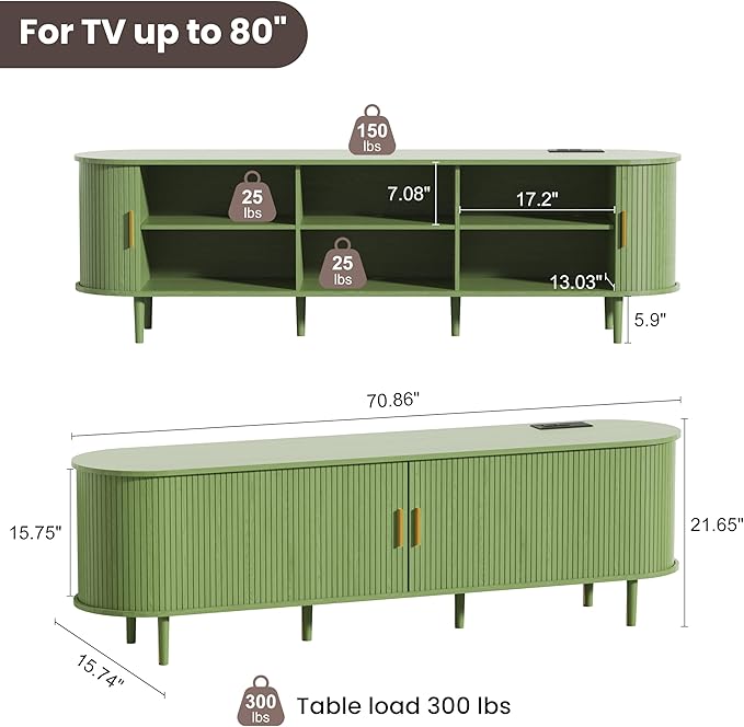 DHH 70.8 Inch Mid Century Modern TV Stand with Power Outlet for TVs up to 80 Inch, Entertainment Center with Storage and Adjustable Shelves, Media Console with Sliding Doors for Living Room(Green)