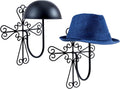 MyGift 2 Pcs Vintage Hat Holder Rack Wall Mount, Helmet and Large Brim Hat Holder, Hanging Black Metal Wig Display Dome, Scrollwork Cross Style