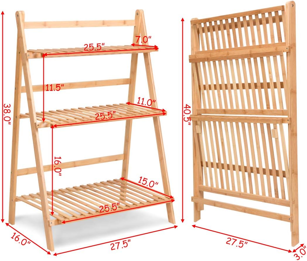 Casart Bamboo Ladder Stand Shelf, Foldable Multifunctional Flower Display Rack, 3-Tier Storage Rack for Home and Office