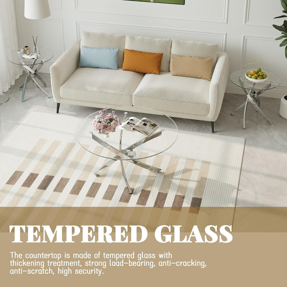 Round Glass Coffee Table Set with 1 Coffee & 1 End Table, Modern Living R...